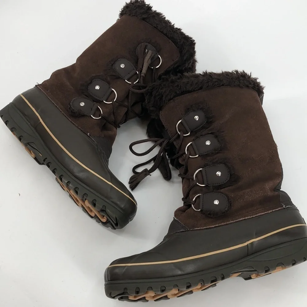 KHOMBU Size 10M Waterproof Winter Snow Boots Mid Calf Brown Lace Up